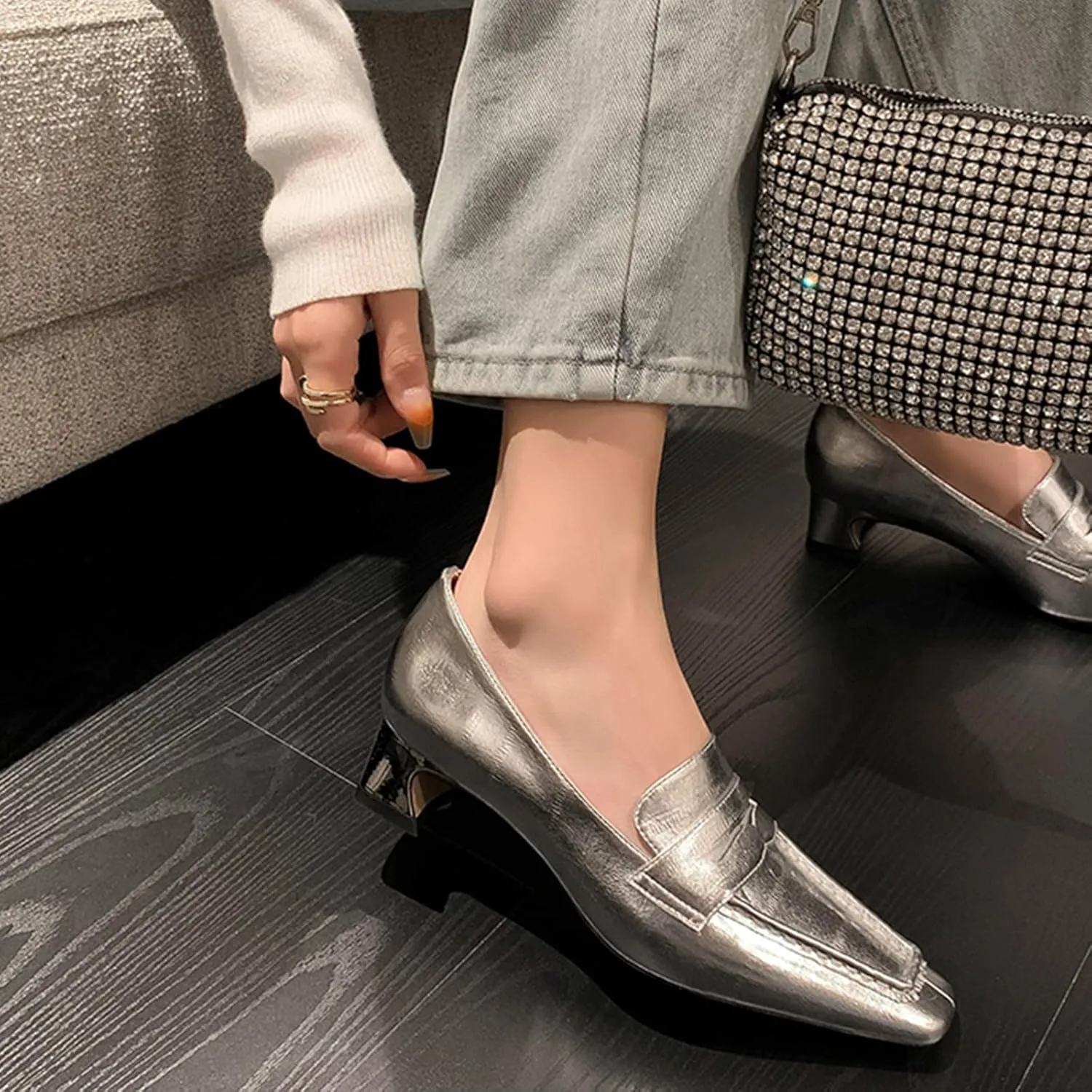 anteikira Women's Loafer Shoes Chunky Heels Closed Toe Metallic Low Heels Slip On Trendy PU Leather Comfortable Casual Dress 1.6 Inch Heel Dating Work Office Pumps for Ladies
