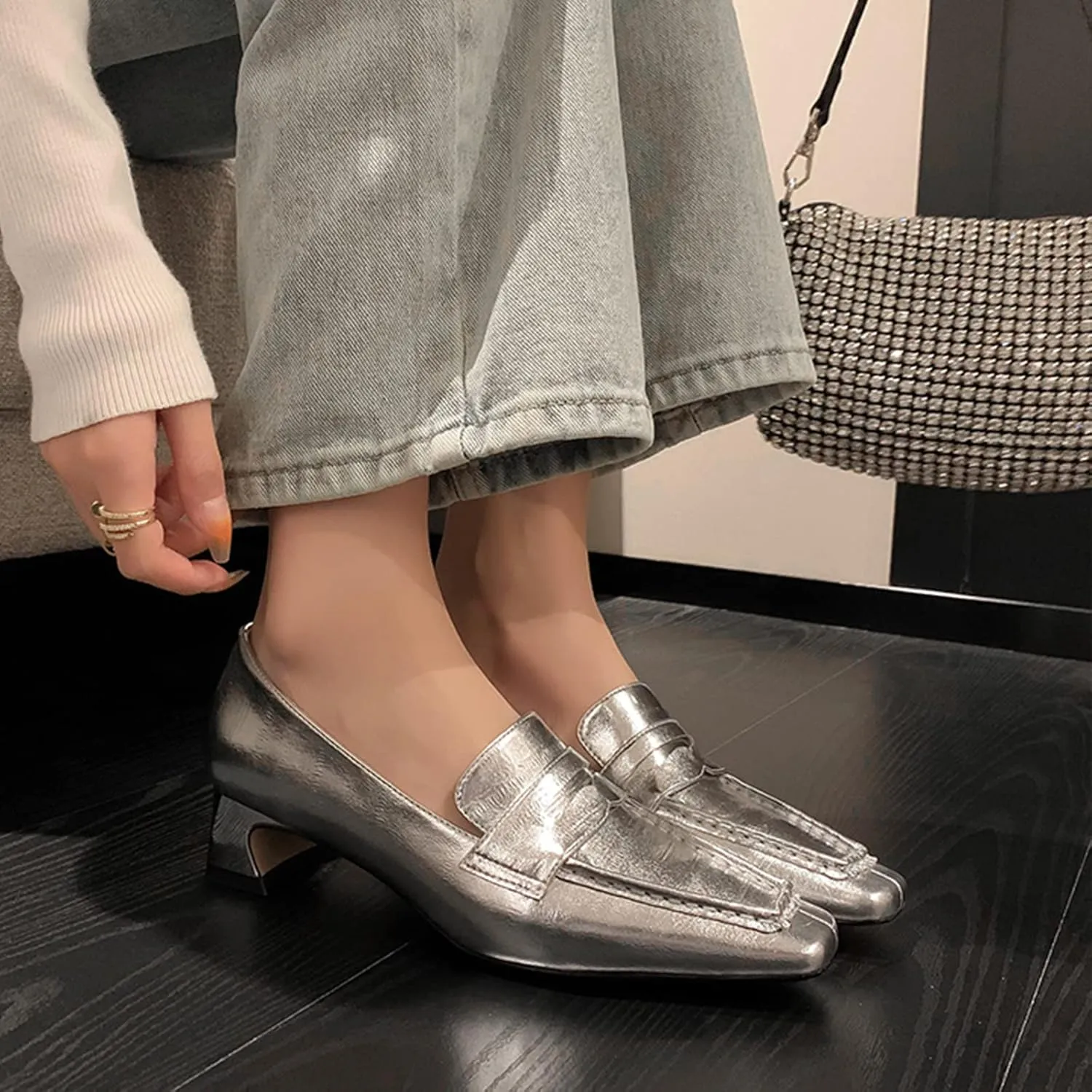 anteikira Women's Loafer Shoes Chunky Heels Closed Toe Metallic Low Heels Slip On Trendy PU Leather Comfortable Casual Dress 1.6 Inch Heel Dating Work Office Pumps for Ladies