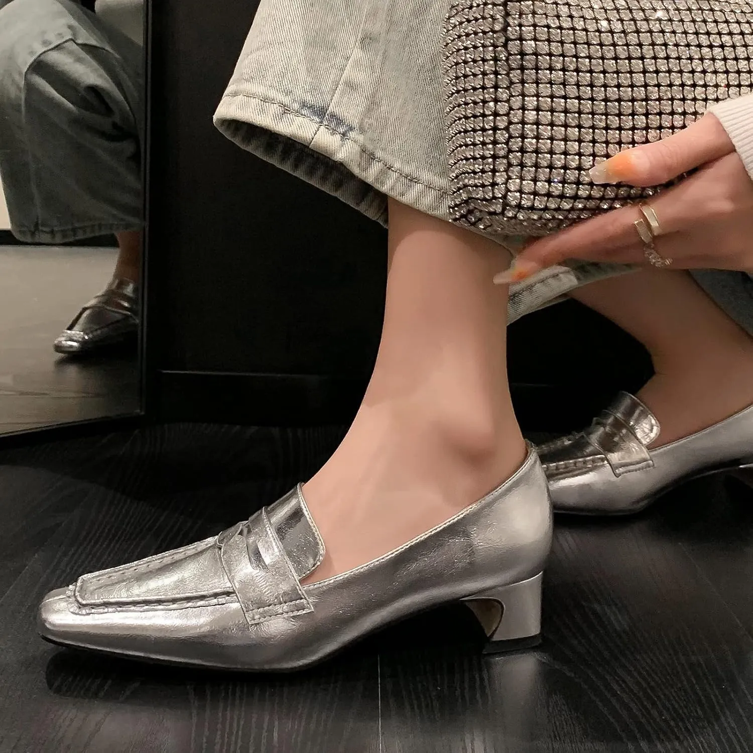 anteikira Women's Loafer Shoes Chunky Heels Closed Toe Metallic Low Heels Slip On Trendy PU Leather Comfortable Casual Dress 1.6 Inch Heel Dating Work Office Pumps for Ladies