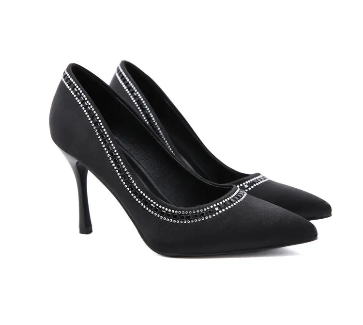 Diamond Thin High Heel Black Satin Shoes