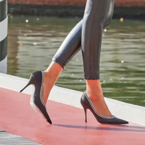Diamond Thin High Heel Black Satin Shoes