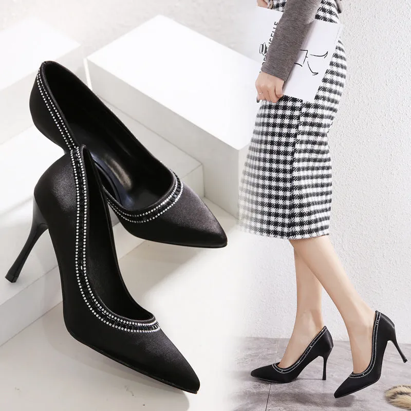 Diamond Thin High Heel Black Satin Shoes