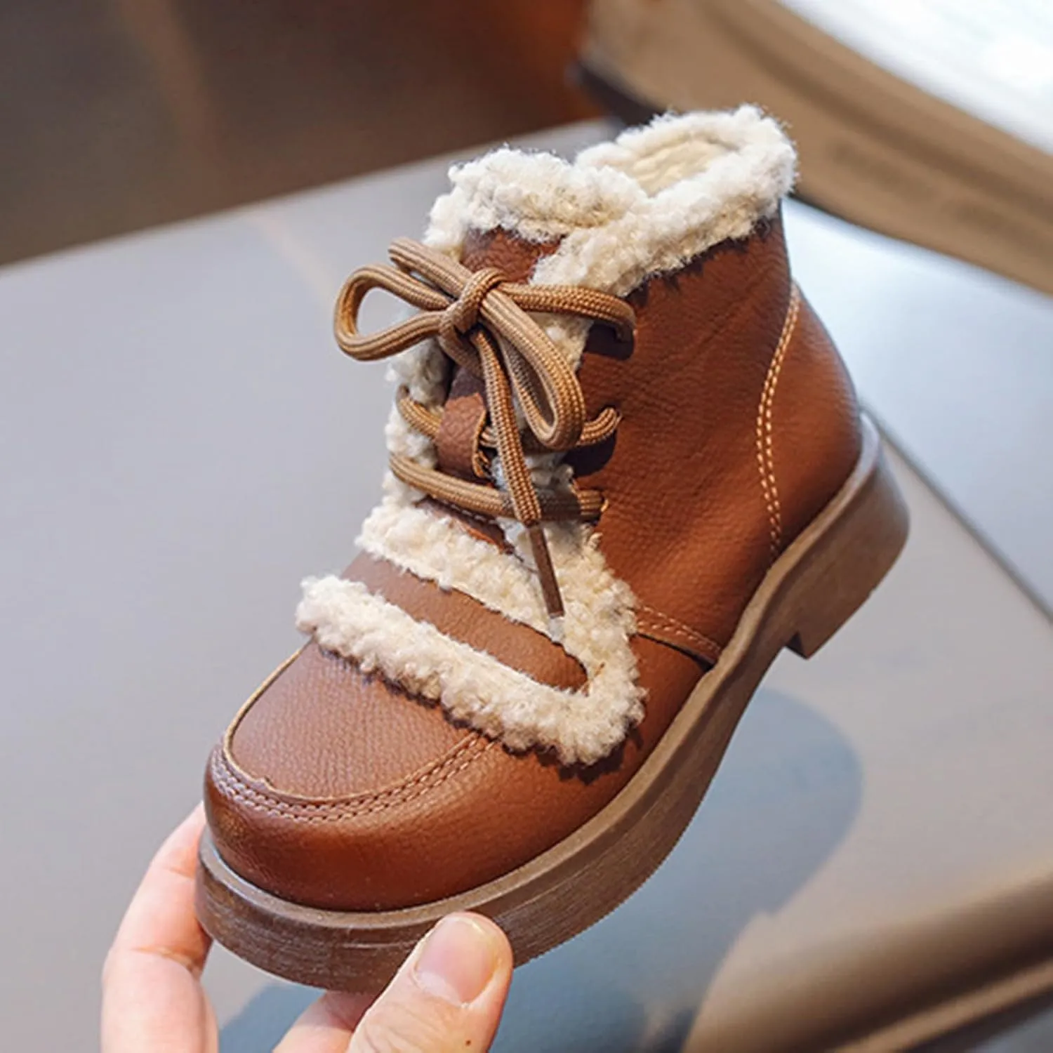 Girls Winter Water Proof Plush Booties Lace-up Non-Slip Platform Soft Sole Thick Faux Fr Warm Snow Ankle Boots