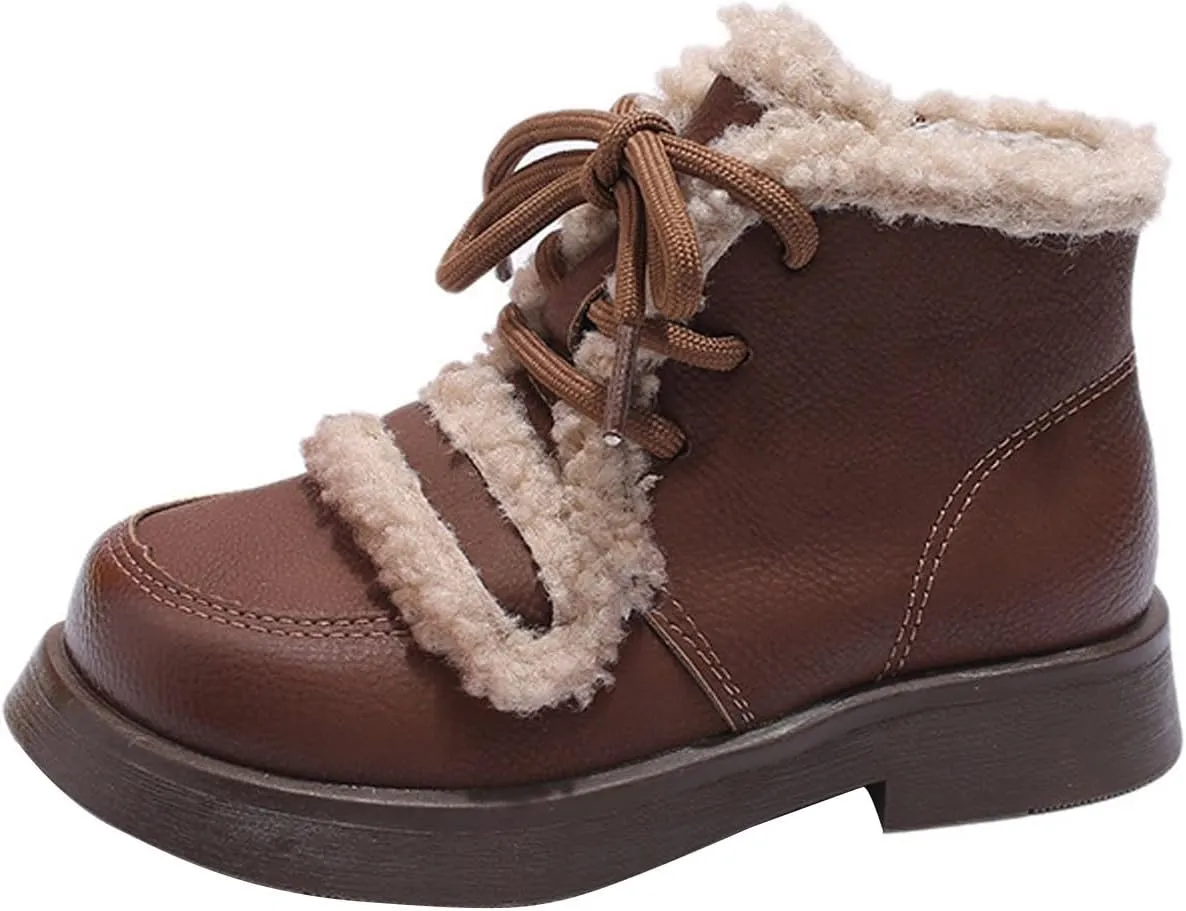 Girls Winter Water Proof Plush Booties Lace-up Non-Slip Platform Soft Sole Thick Faux Fr Warm Snow Ankle Boots