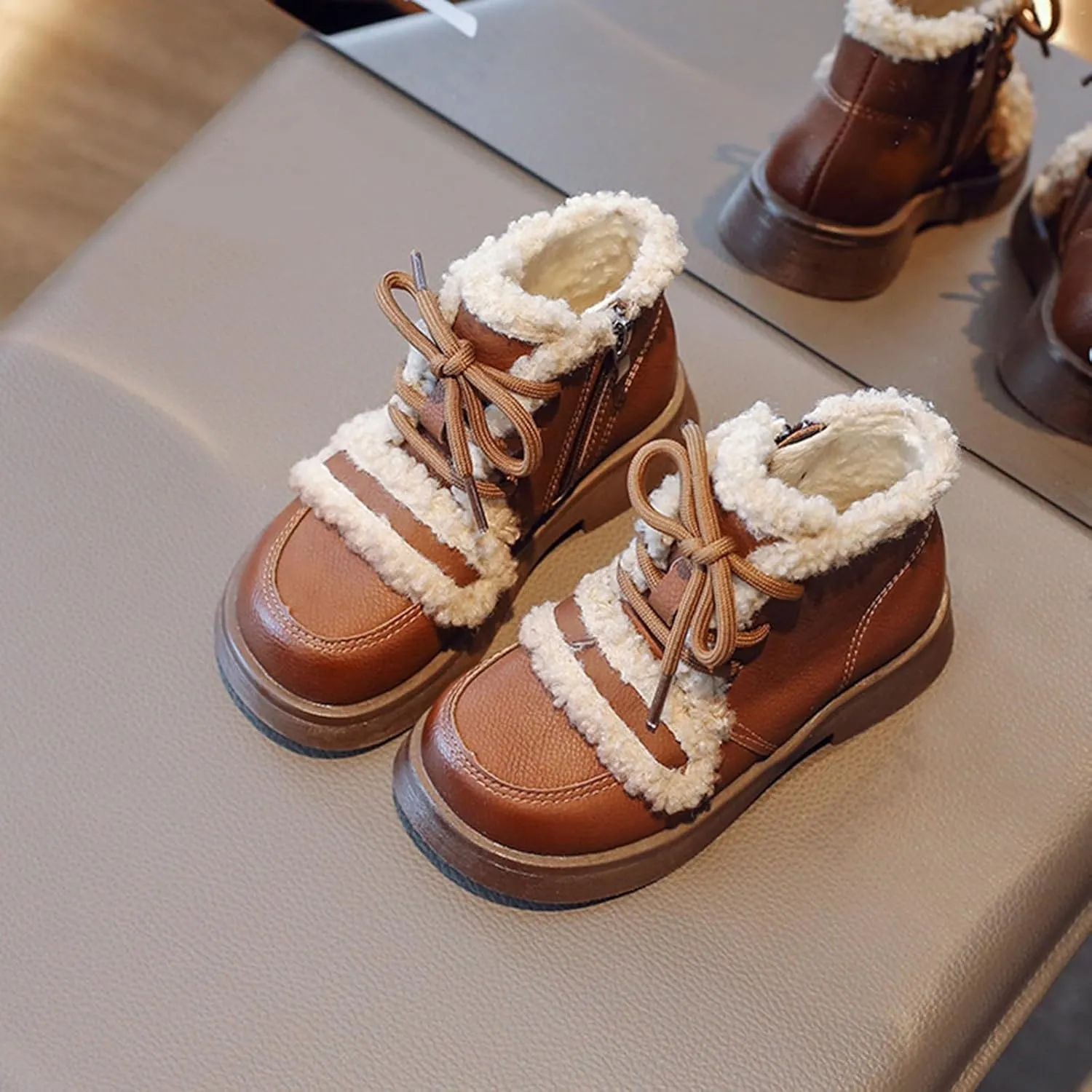 Girls Winter Water Proof Plush Booties Lace-up Non-Slip Platform Soft Sole Thick Faux Fr Warm Snow Ankle Boots