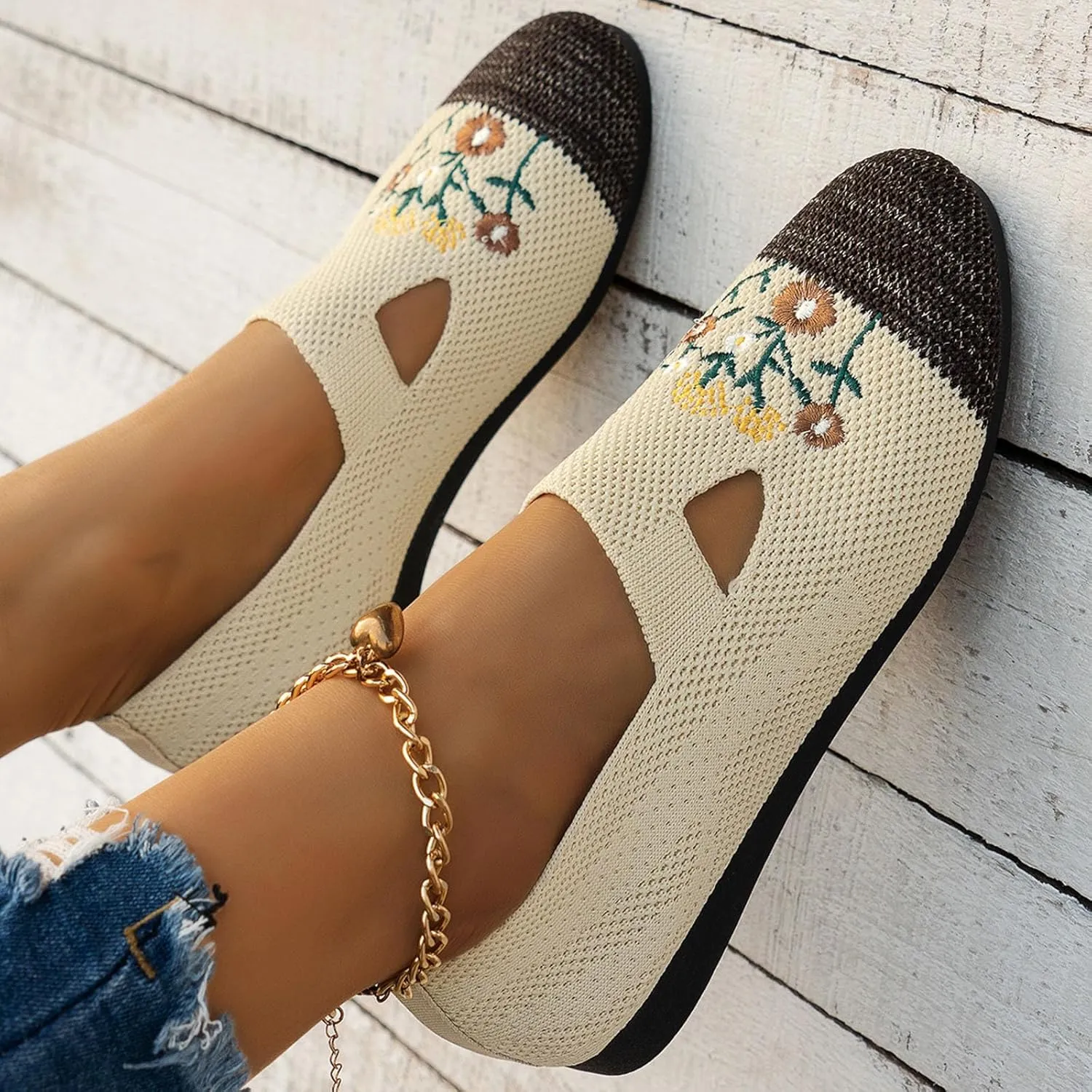 Ladies Fashion Breathable Mesh Knitted Flower Embroidery Flat Bottom Casual Womens Fashion Casual Shoes Wedge Sneaker