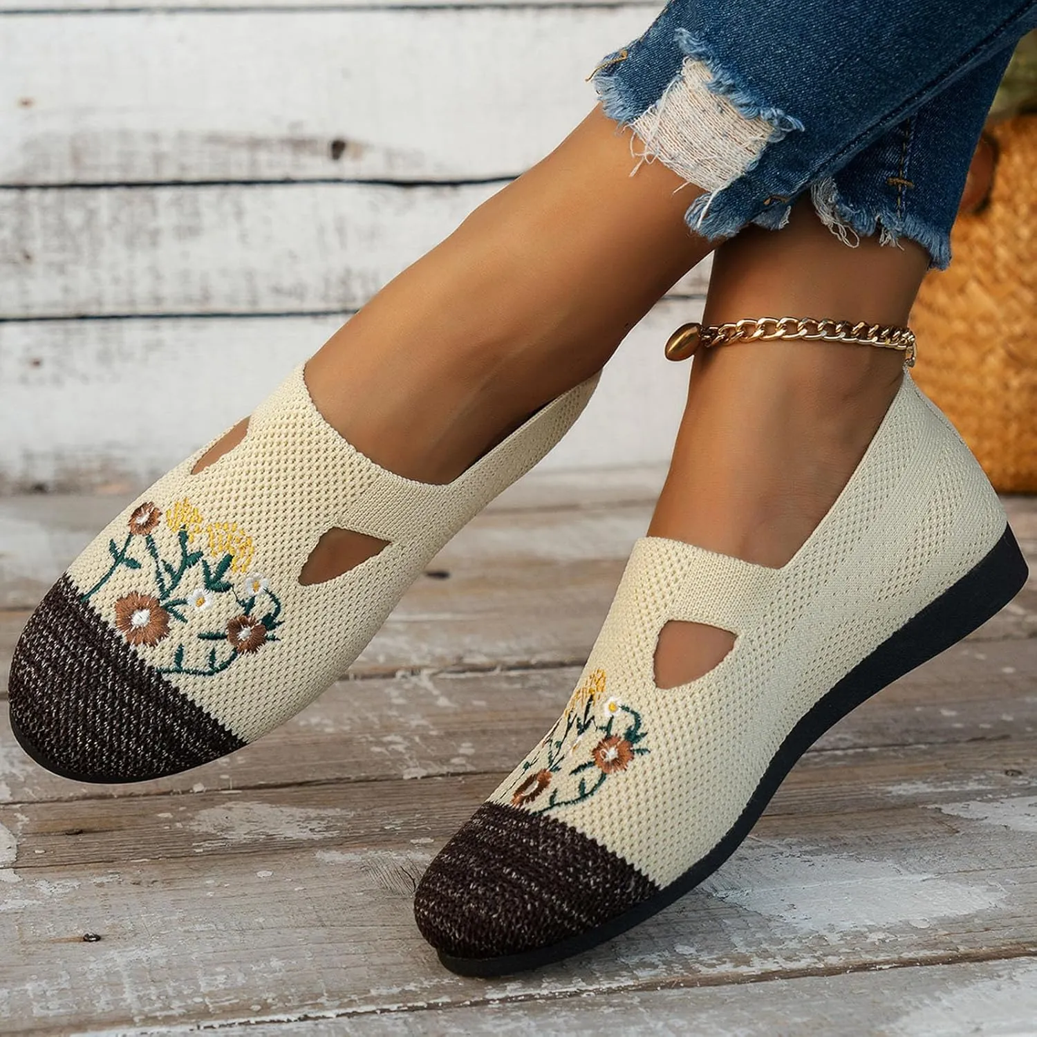 Ladies Fashion Breathable Mesh Knitted Flower Embroidery Flat Bottom Casual Womens Fashion Casual Shoes Wedge Sneaker