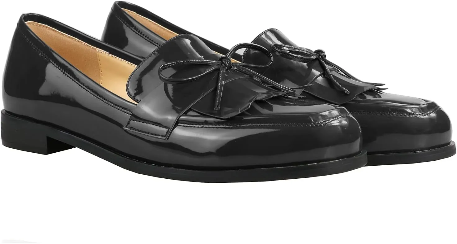LEMUTISME Women's Trendy Patent Leather Comfort Casual Closed Round Toe Slip On Bow-Knot Dress Flat Loafers Pump Shoes with Tassal