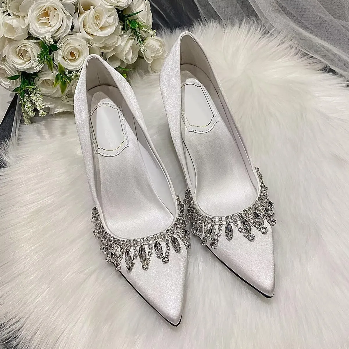 LUXINYU Women Pointed Toe Heels Elegant Stiletto Fashion Pearl Rhinestone Ladies Pumps Wedding Dress Shoes Comfortable Kitten Heels Work Shoes