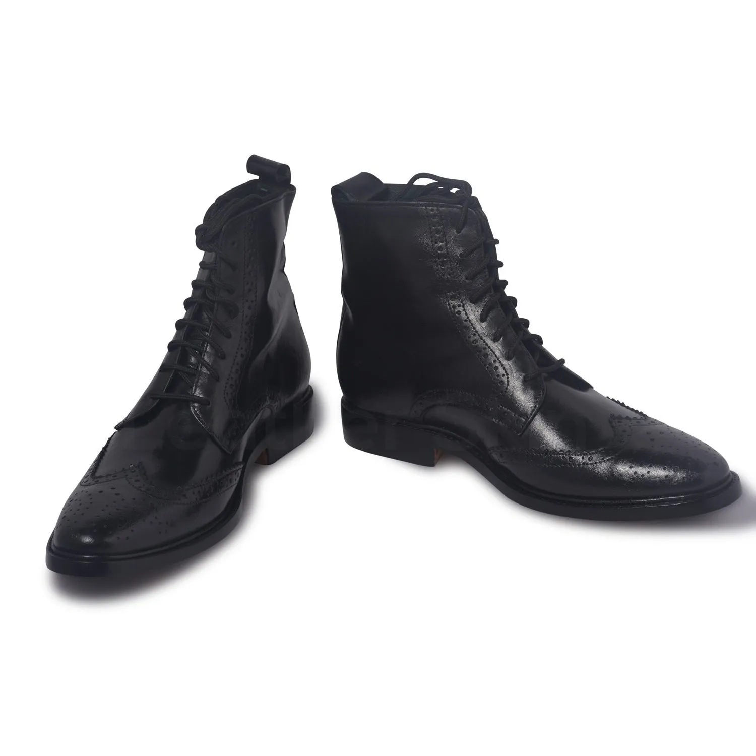 Men Black Wingtip Brogue Derby Leather Boots