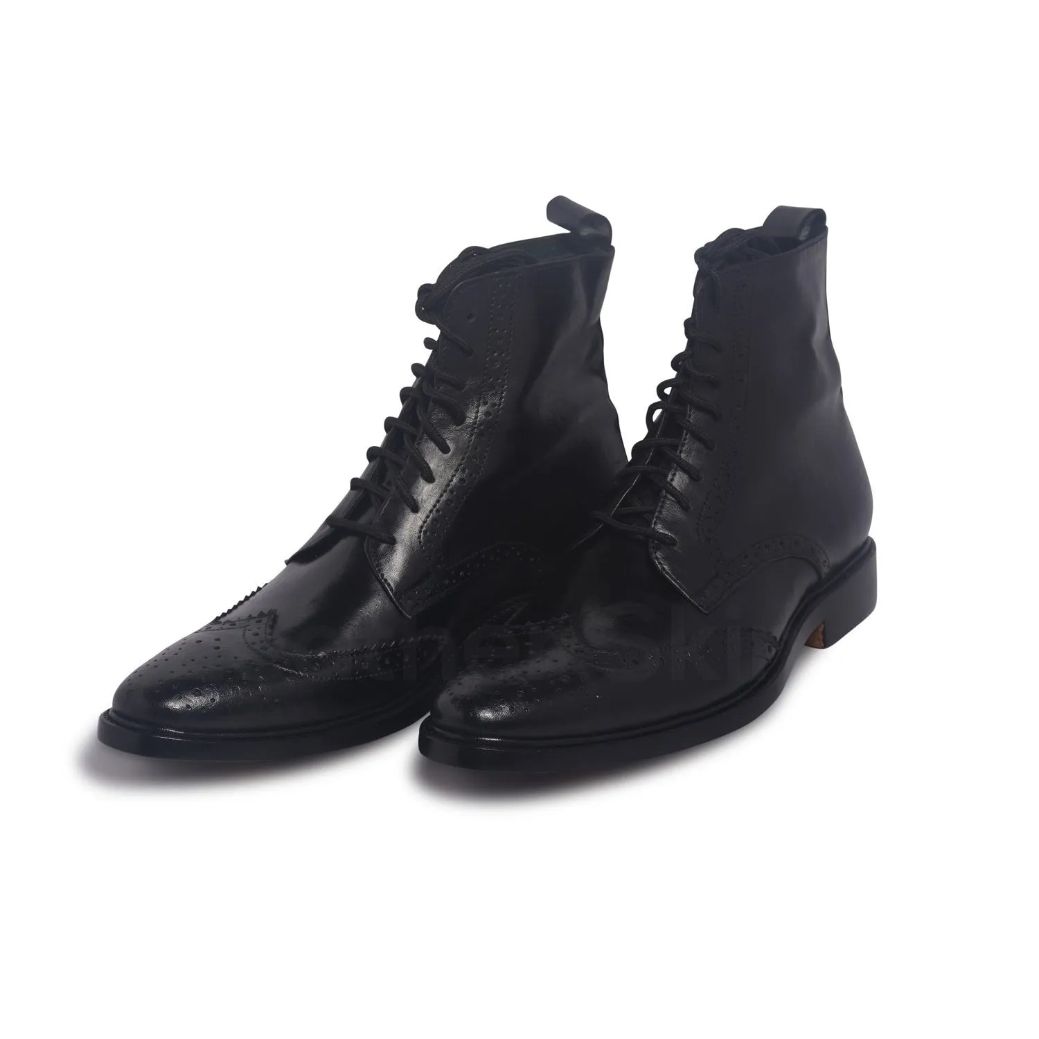 Men Black Wingtip Brogue Derby Leather Boots
