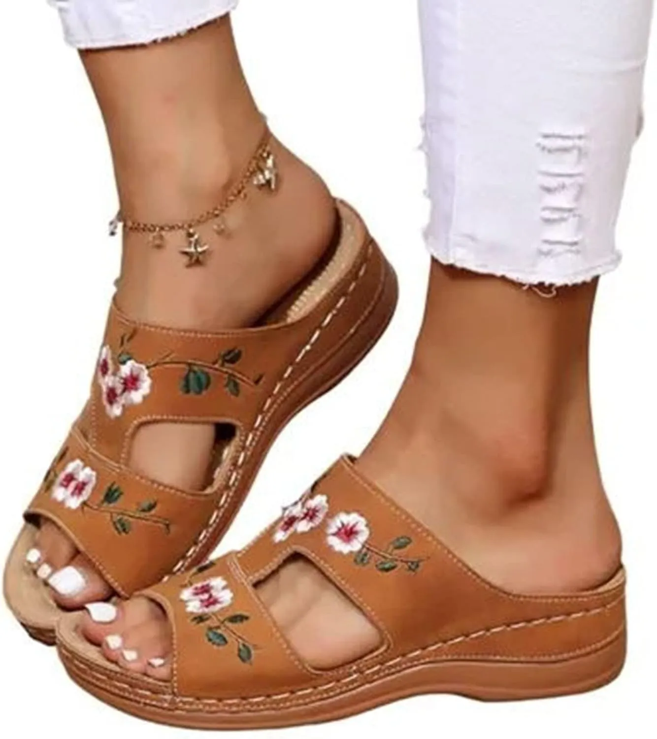 oiangi Womens Sandals Flower Embroidered Wedge Slipper Casual Summer Fish Mouth Open Toe Hollow Out Slip-on Slides Lightweight Comfortable Outdoor Shoes