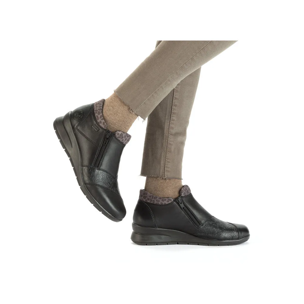 Rieker L4881-01 Ladies Black Leather Water Resistant Twin Zip Ankle Boots