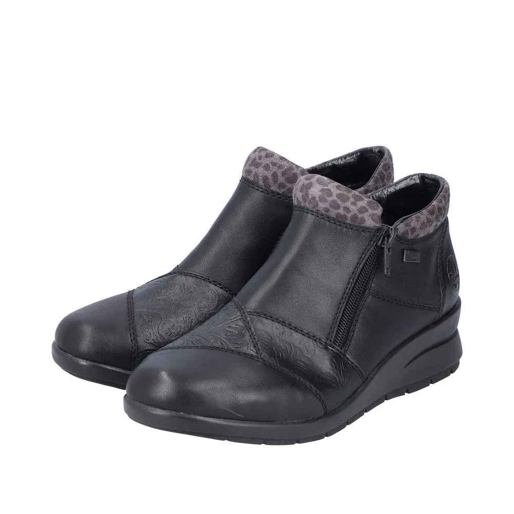 Rieker L4881-01 Ladies Black Leather Water Resistant Twin Zip Ankle Boots
