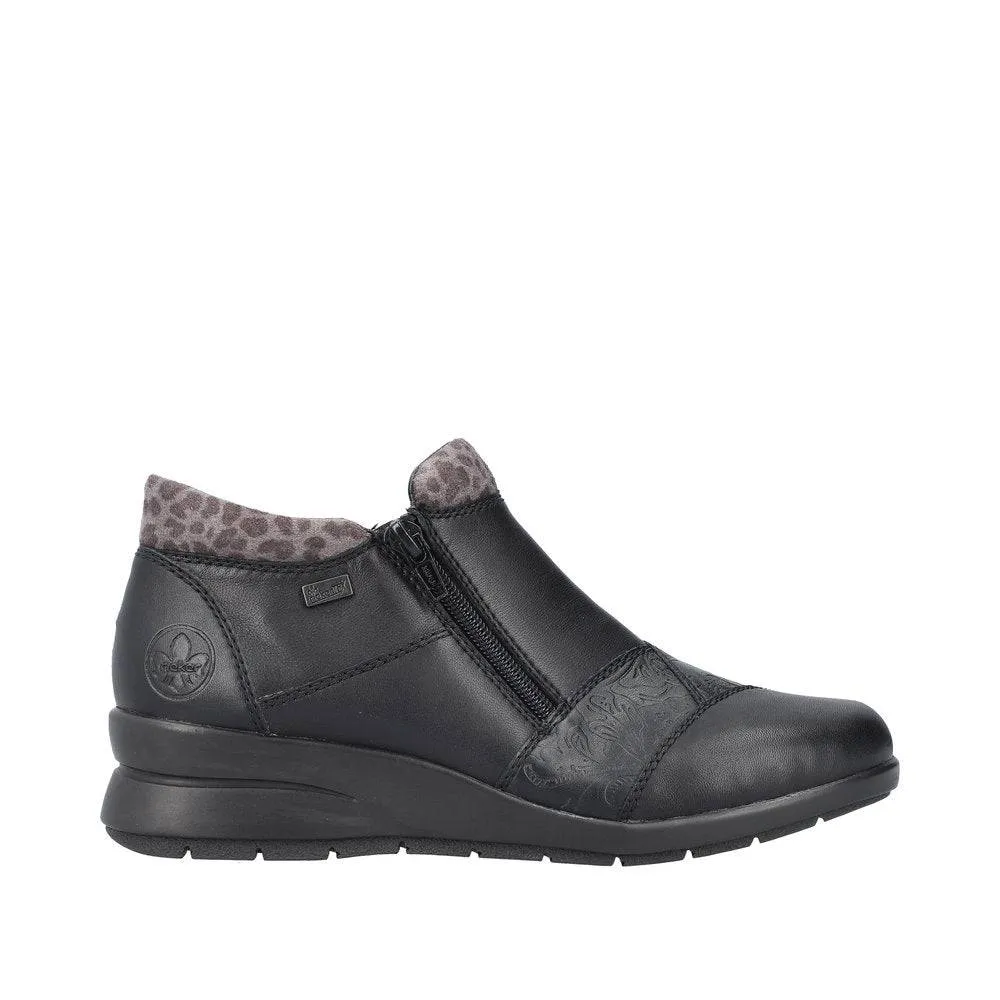 Rieker L4881-01 Ladies Black Leather Water Resistant Twin Zip Ankle Boots