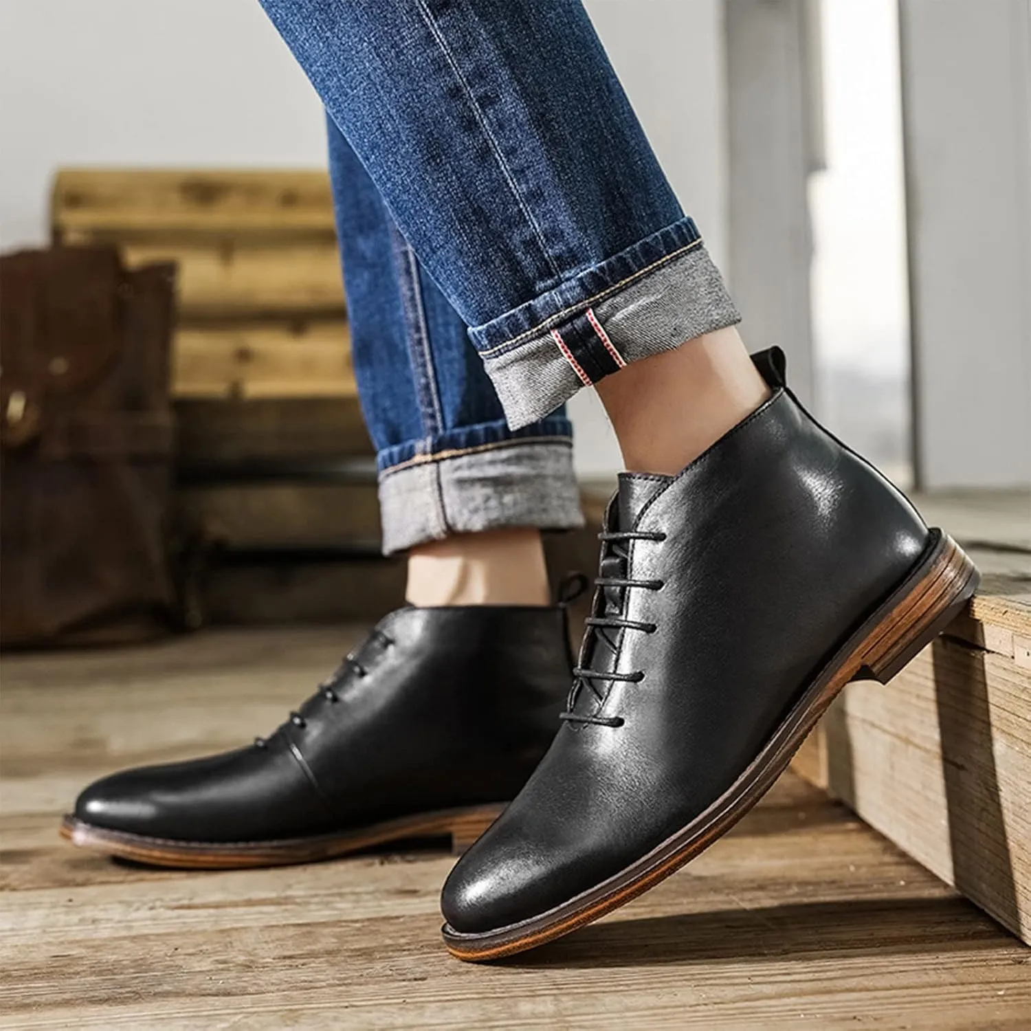 rismart Dress Stylish Boots Men Leather Ankle High Winter Shoes