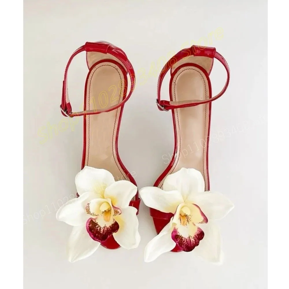 Rose Red Floral Ankle Strap Heels