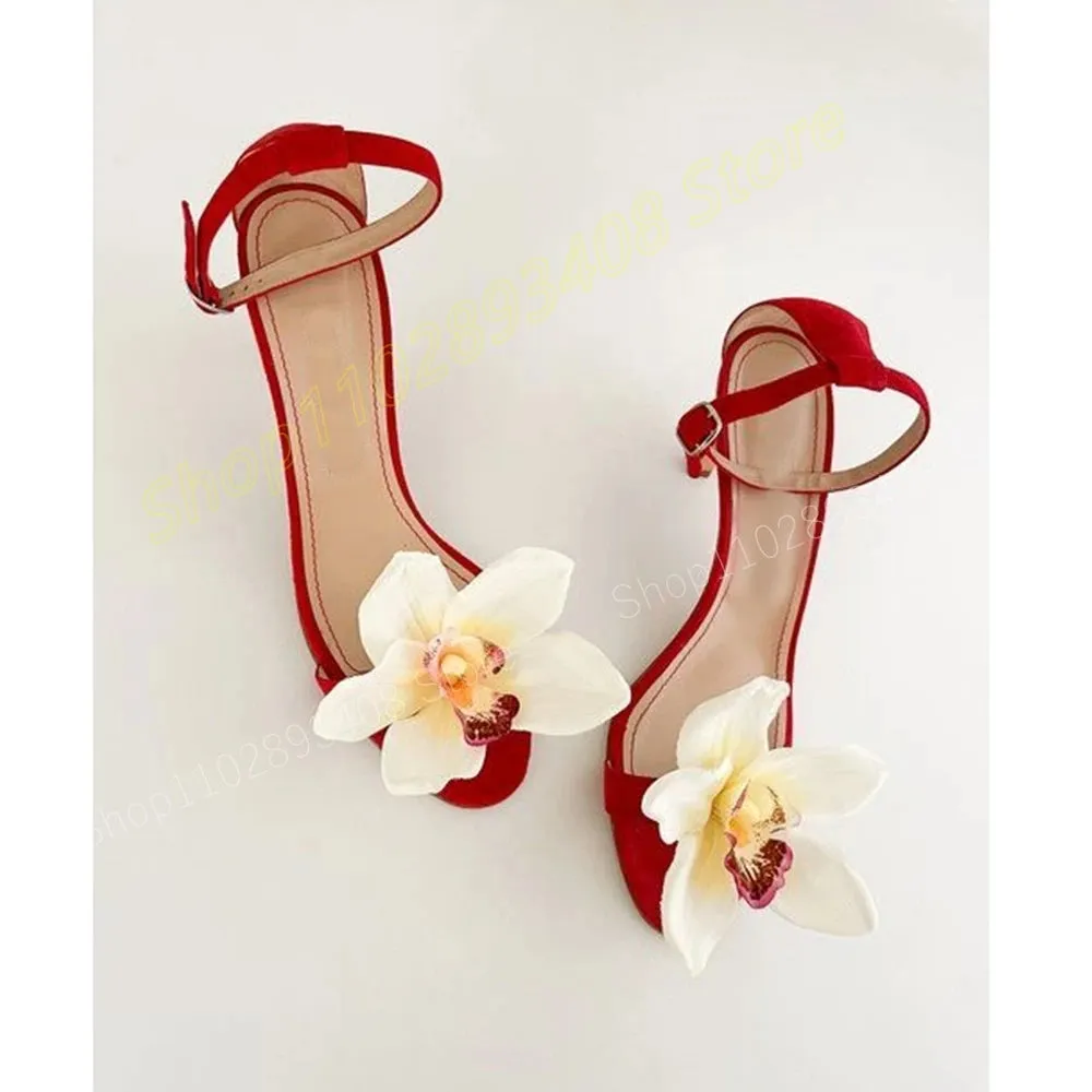 Rose Red Floral Ankle Strap Heels