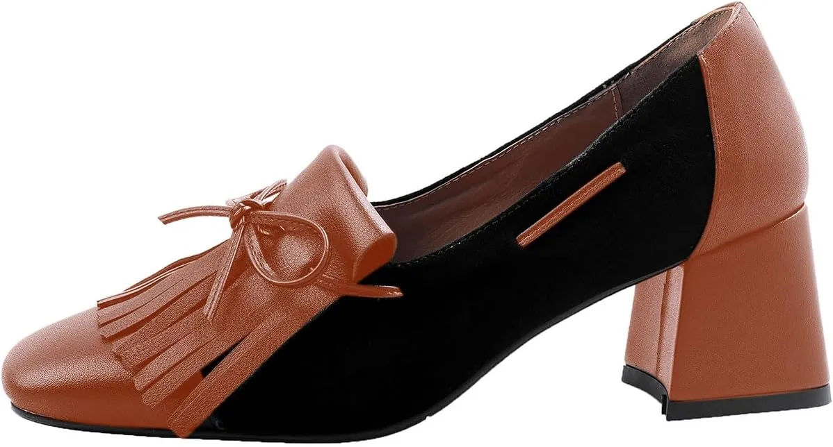 sarawill Women's Retro Square Toe Block Heel Penny Loafers Cute Bow Two Toned High Heel Pumps Comfort Slip On Fringe High Chunky Heel Loafers for Women