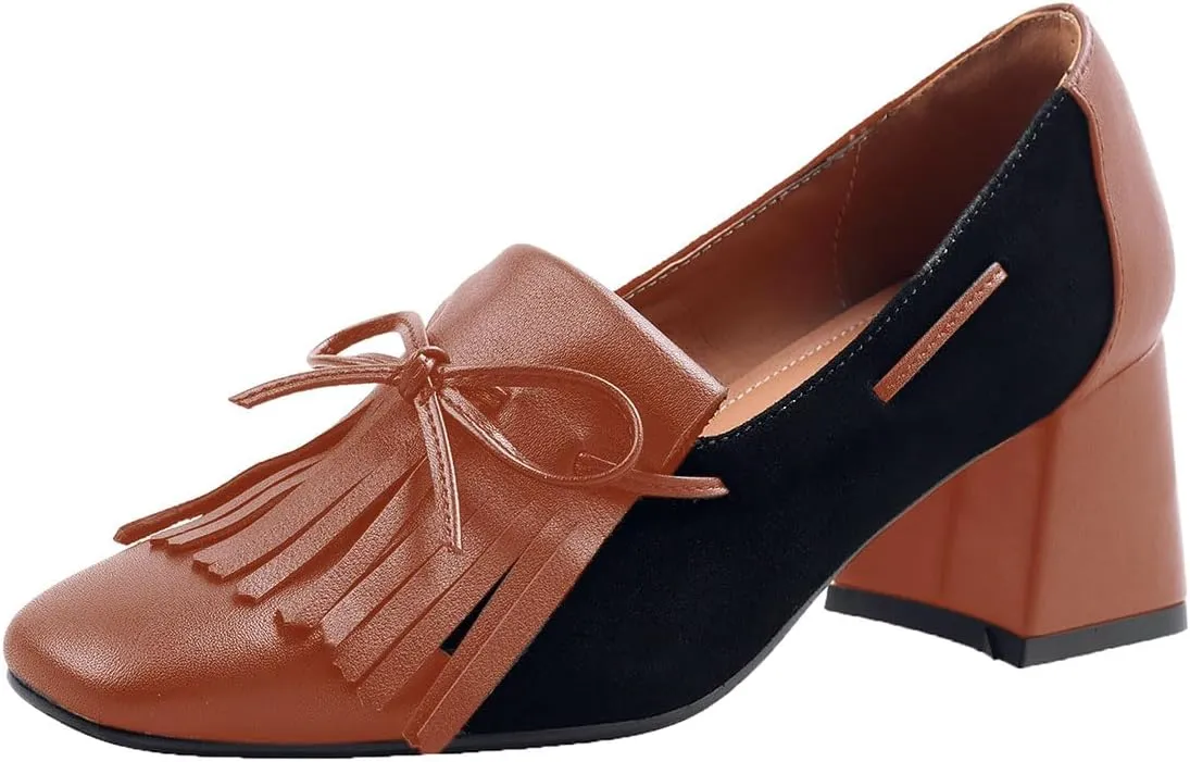 sarawill Women's Retro Square Toe Block Heel Penny Loafers Cute Bow Two Toned High Heel Pumps Comfort Slip On Fringe High Chunky Heel Loafers for Women