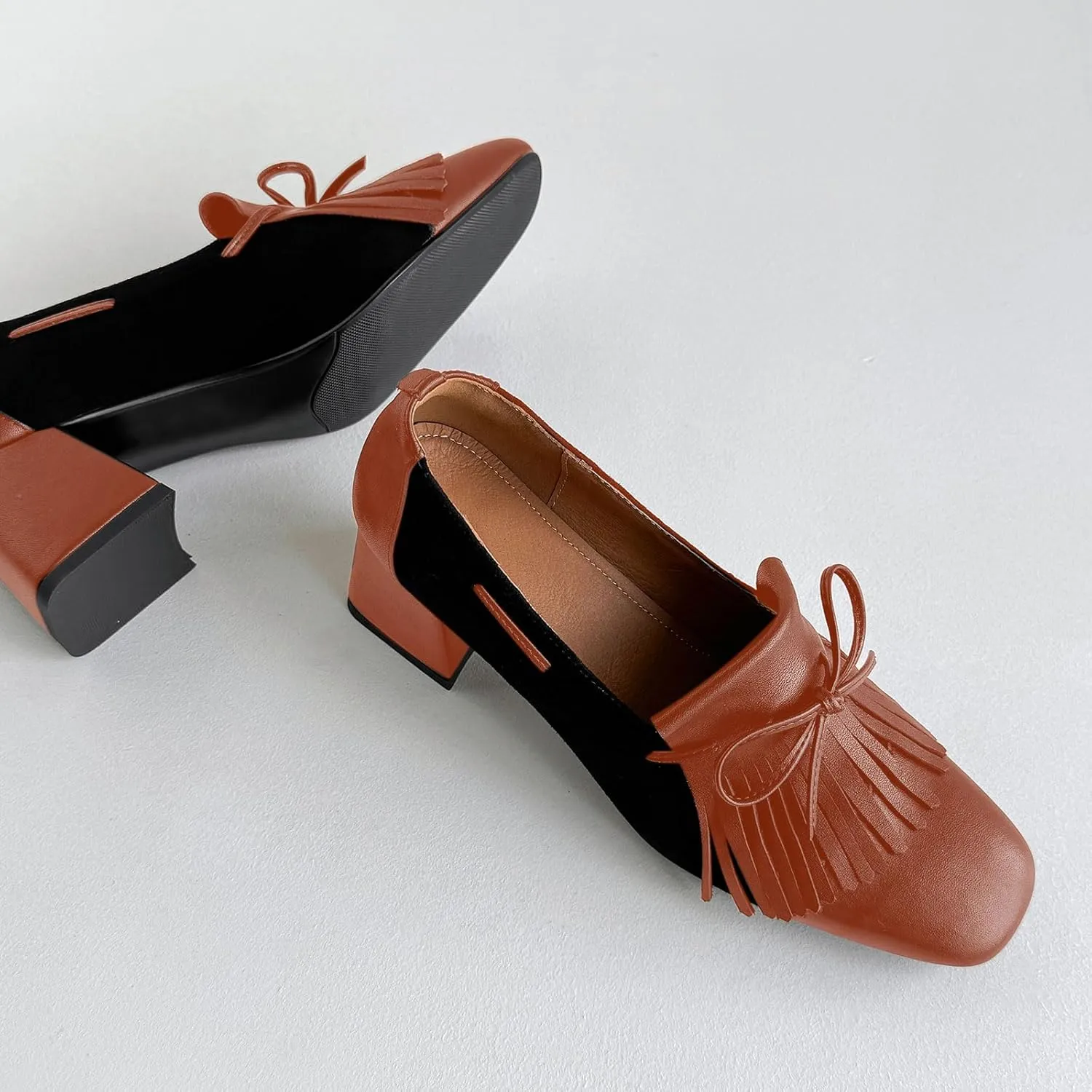 sarawill Women's Retro Square Toe Block Heel Penny Loafers Cute Bow Two Toned High Heel Pumps Comfort Slip On Fringe High Chunky Heel Loafers for Women