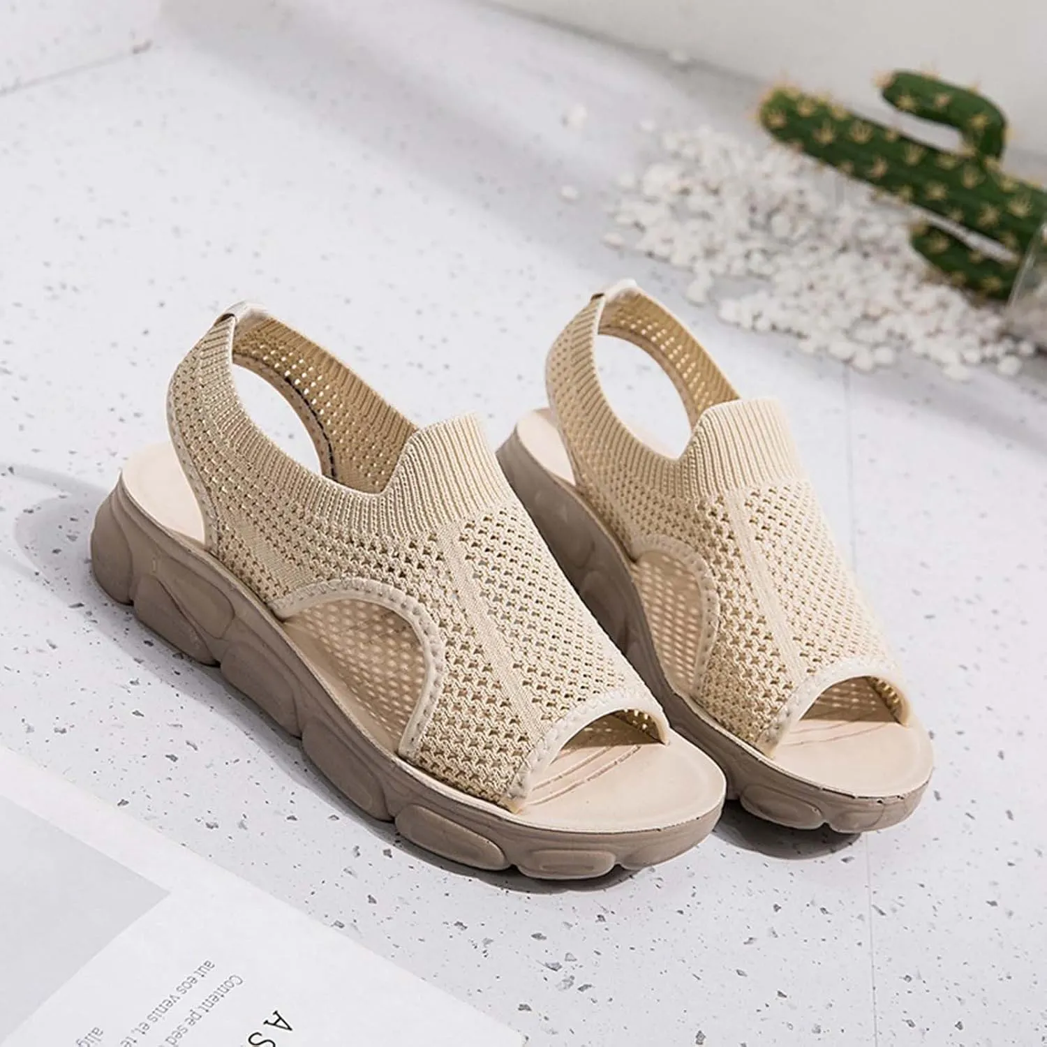 Summer Sandals for Women Hollow Out Breathable Casual Shoes Cushioned Footbed Arch-Support Outdoor Sandal