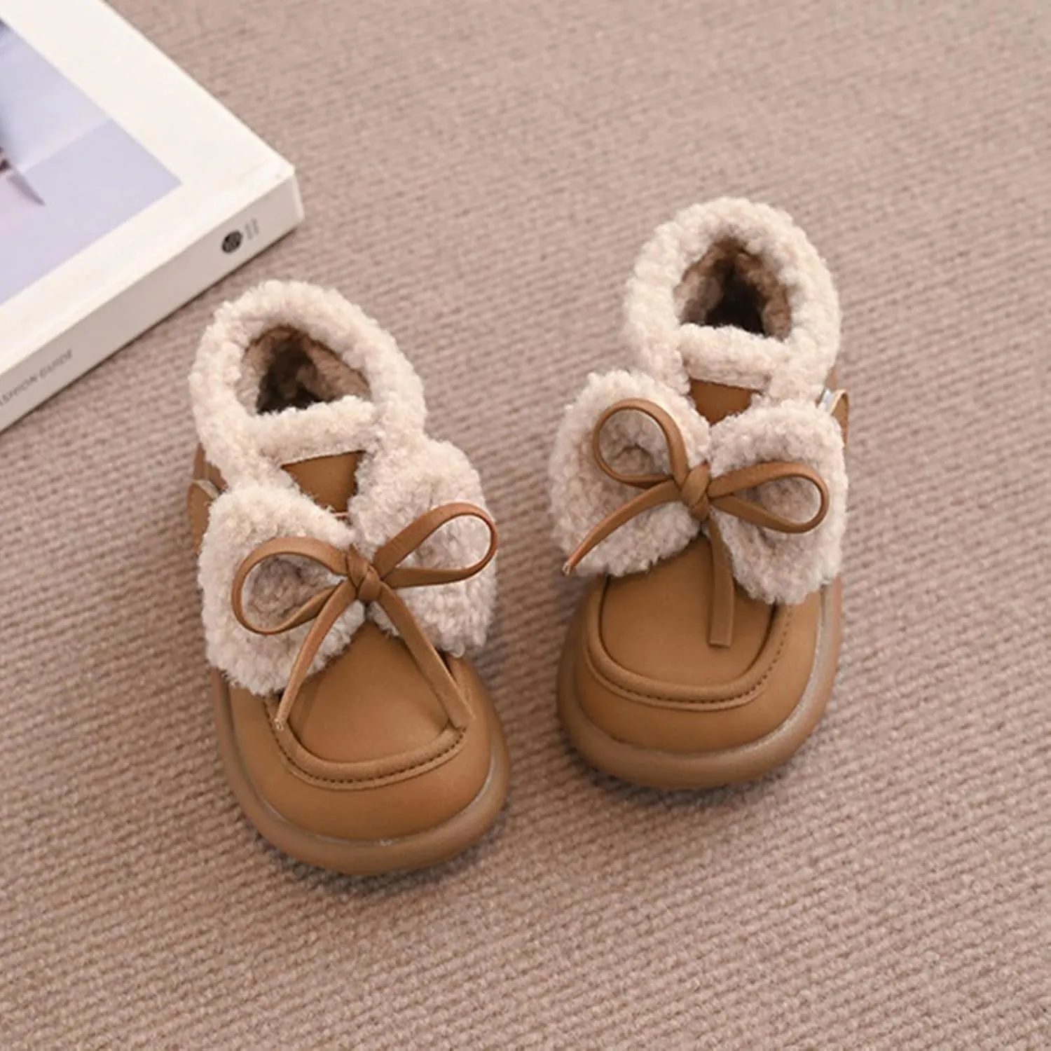 Toddler Girls Fleece Plush Ankle Boots Kids Winter Fashion Cute Bowknot Cotton Fr ining Comfy Soft Warm Shoes