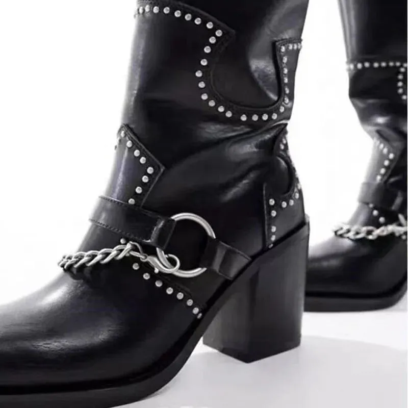 Trend4us Women's Stylish Studded Chain Knee-High Boots
