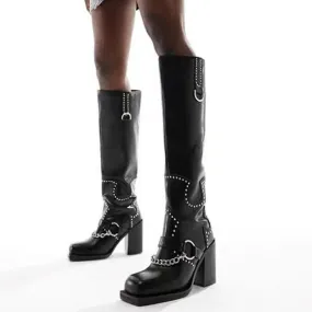 Trend4us Women's Stylish Studded Chain Knee-High Boots