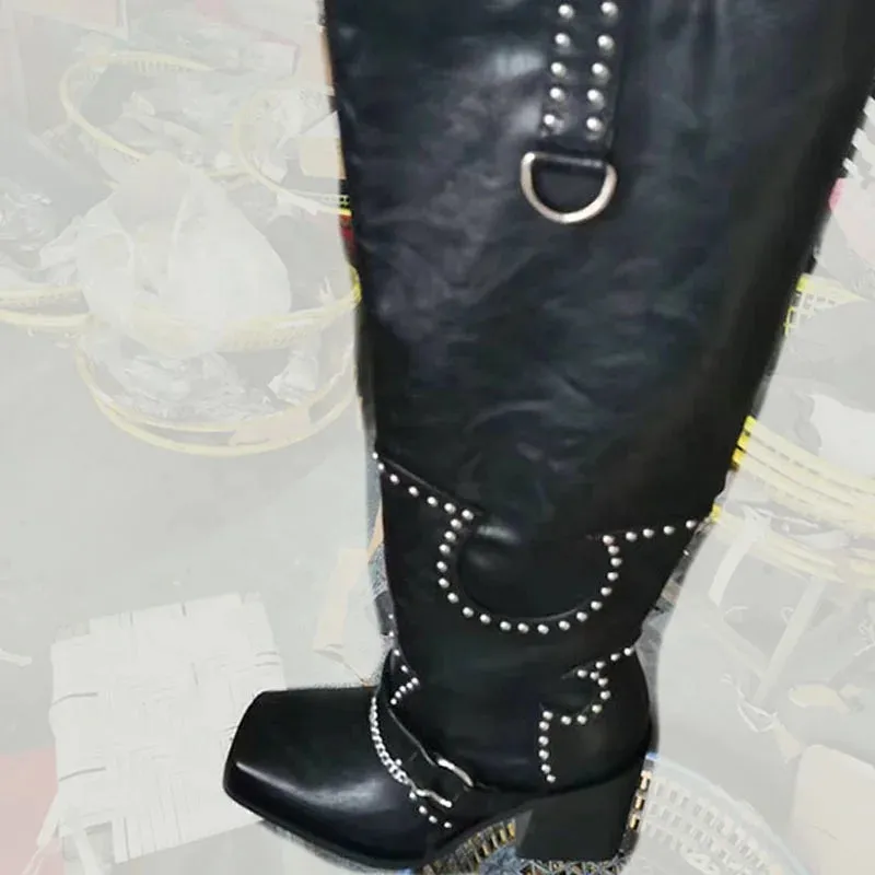 Trend4us Women's Stylish Studded Chain Knee-High Boots