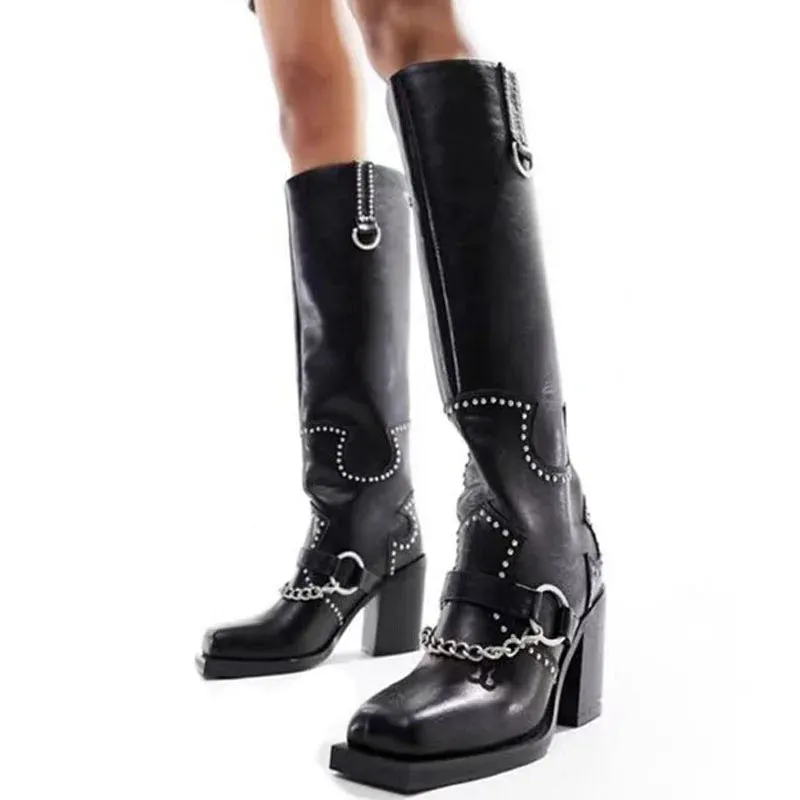Trend4us Women's Stylish Studded Chain Knee-High Boots