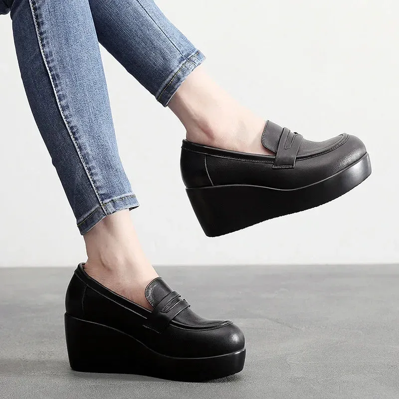 Vintage Leather Platform Wedges Black Genuine Office Fur Med Heels Loafers