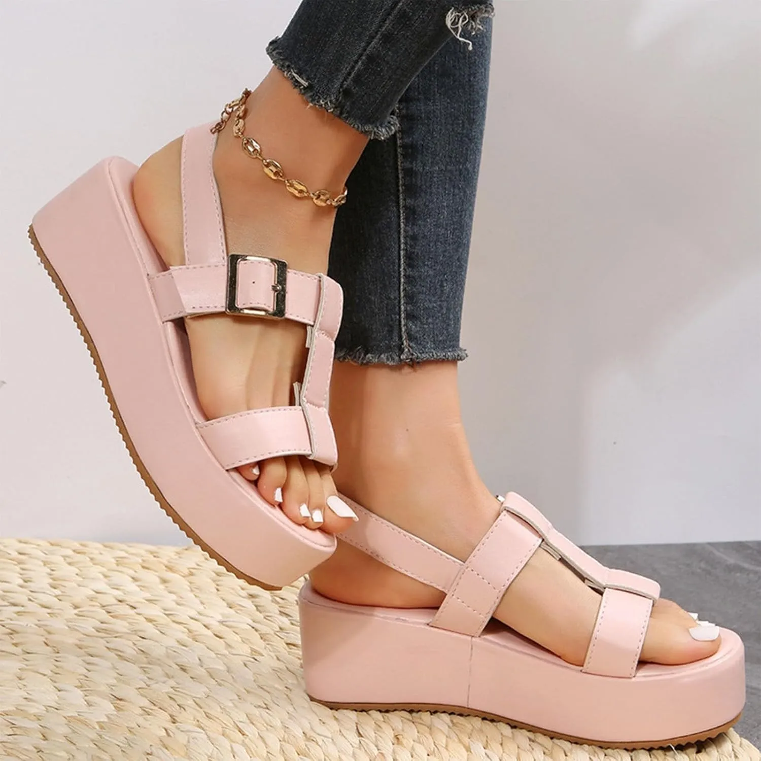 Women's Casual Wedge Sandals Breathable Walking Orthopedic Support Adjustable Ankle Strap Buckle Open Toe Platform Flat Soft Cushioned Footbed Slides Slip On Slippers Sandals Breathable