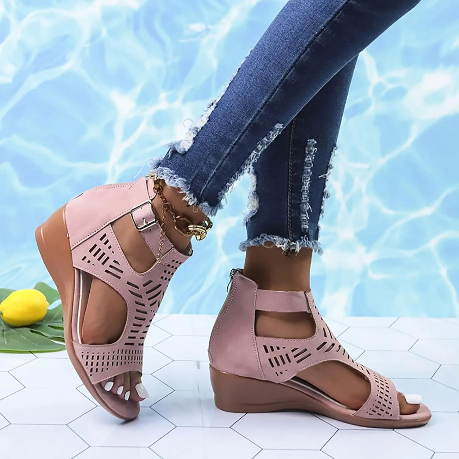Womens Low Wedge Sandals Breathable Hollowed Out Dressy Casual Slides Sandals Orthopedic Comfort Summer Shoes with Zipper for All Occasions: Casual, Work, Party