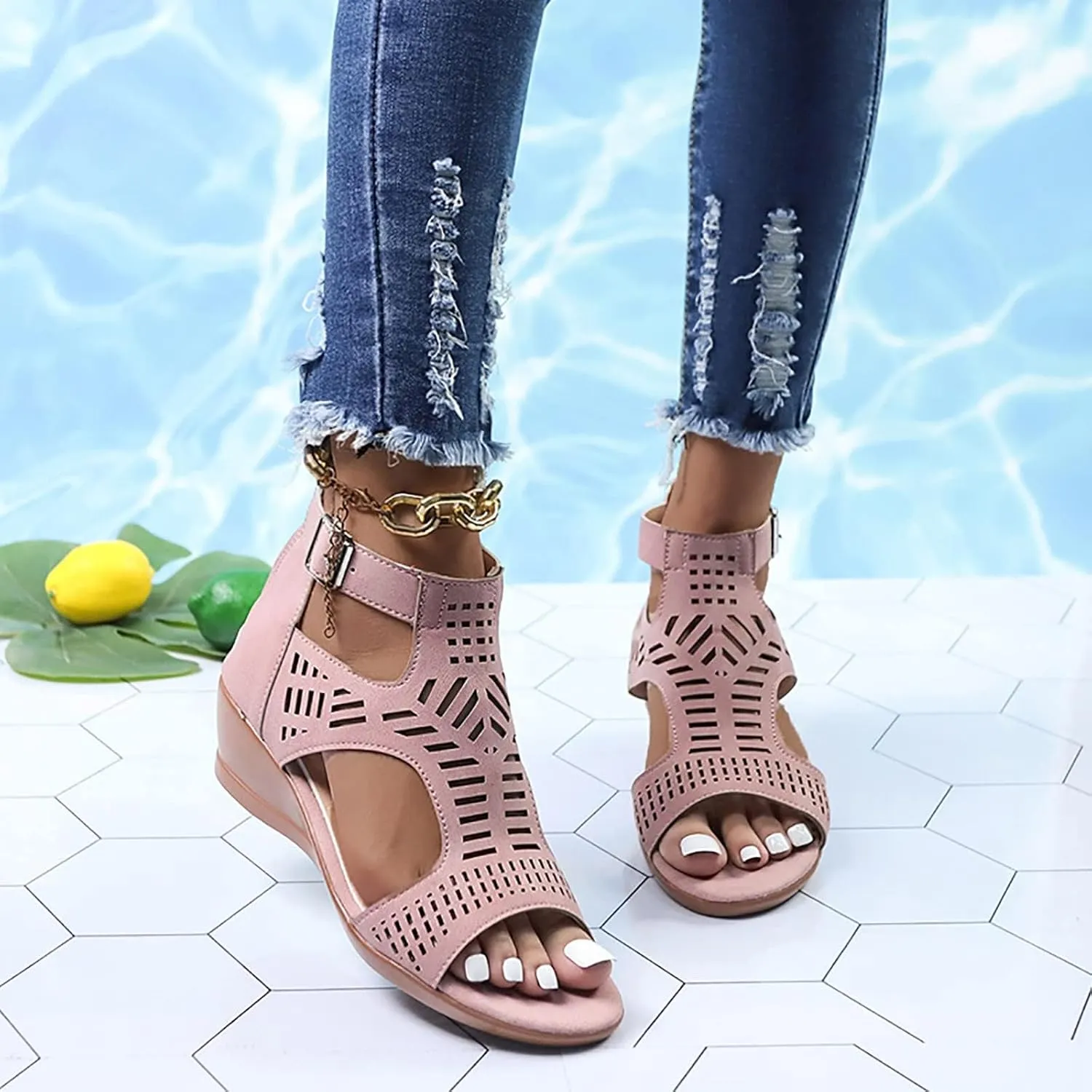 Womens Low Wedge Sandals Breathable Hollowed Out Dressy Casual Slides Sandals Orthopedic Comfort Summer Shoes with Zipper for All Occasions: Casual, Work, Party