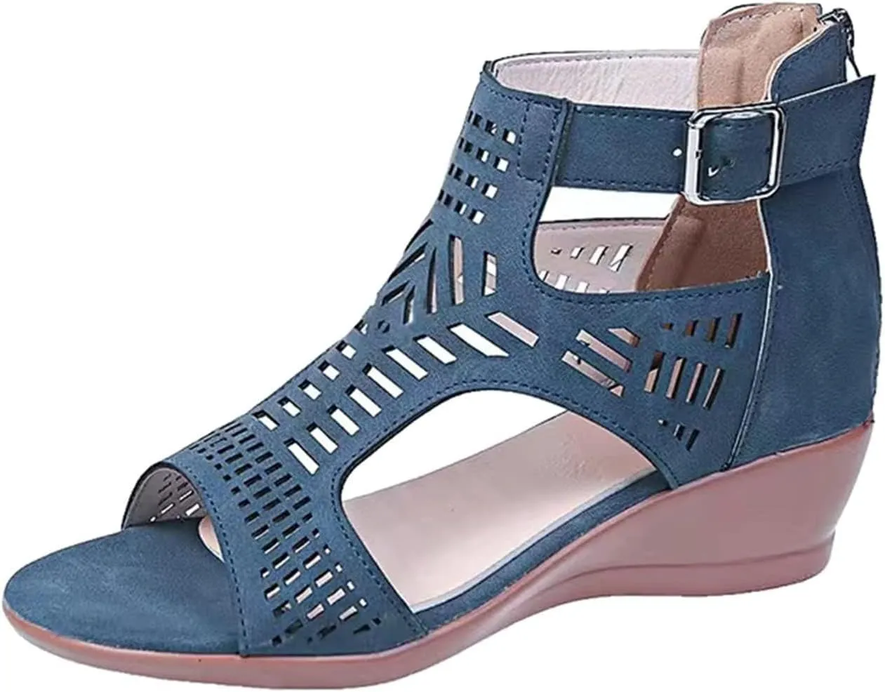 Womens Low Wedge Sandals Breathable Hollowed Out Dressy Casual Slides Sandals Orthopedic Comfort Summer Shoes with Zipper for All Occasions: Casual, Work, Party