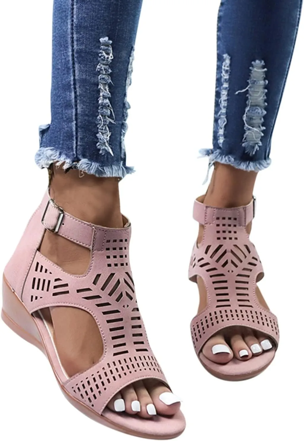 Womens Low Wedge Sandals Breathable Hollowed Out Dressy Casual Slides Sandals Orthopedic Comfort Summer Shoes with Zipper for All Occasions: Casual, Work, Party