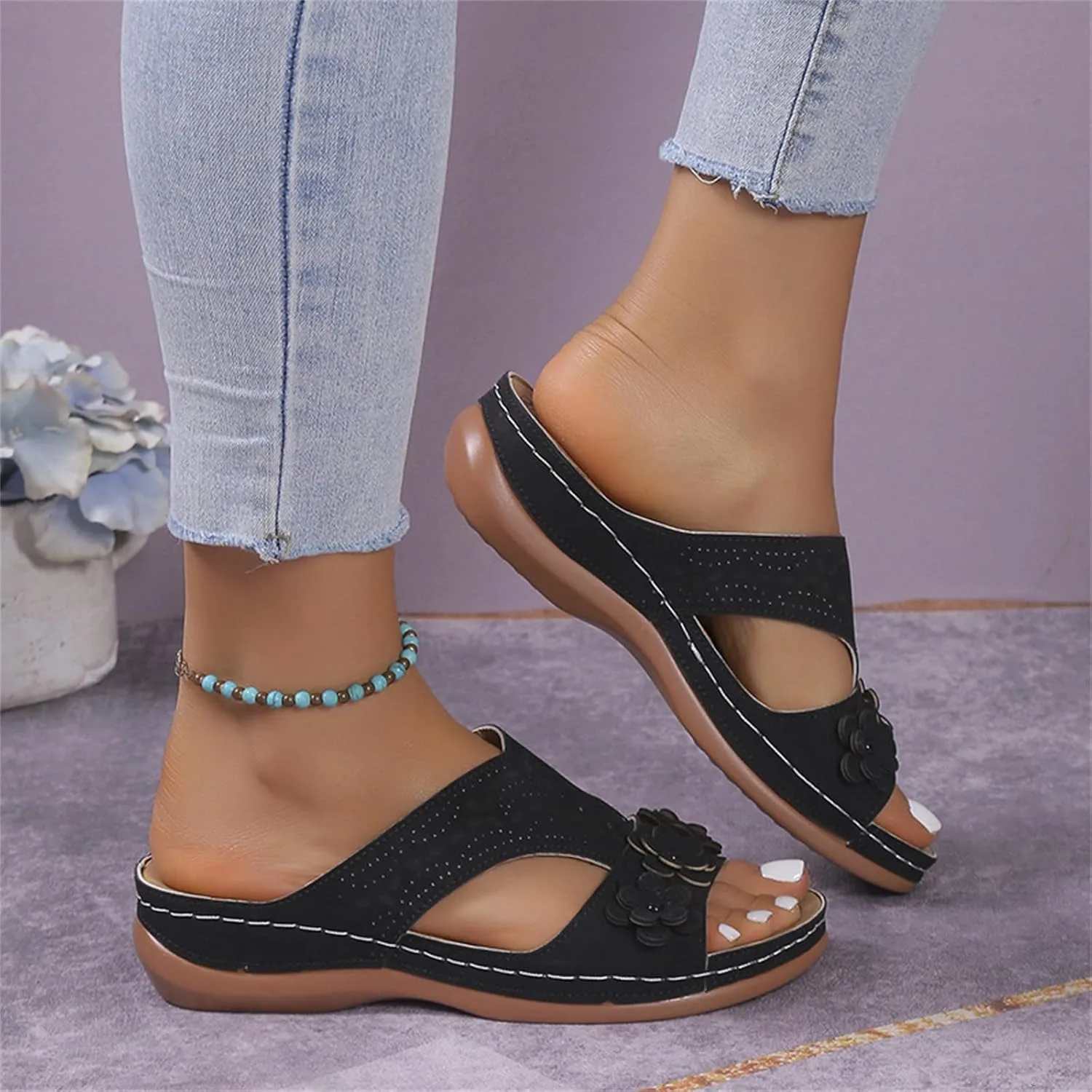 Women's Sandals Comfortable Dressy Orthopedic Slippers Wedge Heel Slip On Open Toe Summer Casual Orthotic Slides Flip Flops