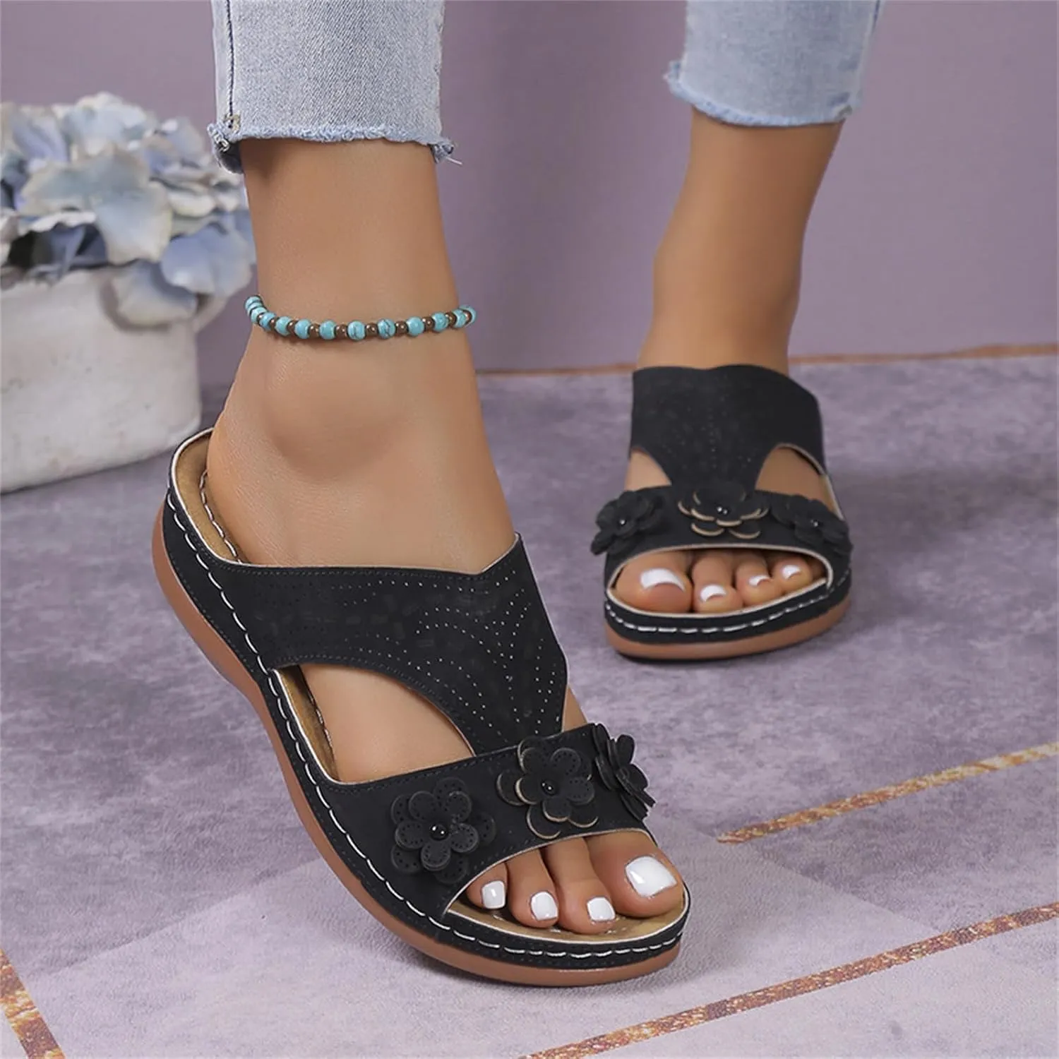 Women's Sandals Comfortable Dressy Orthopedic Slippers Wedge Heel Slip On Open Toe Summer Casual Orthotic Slides Flip Flops