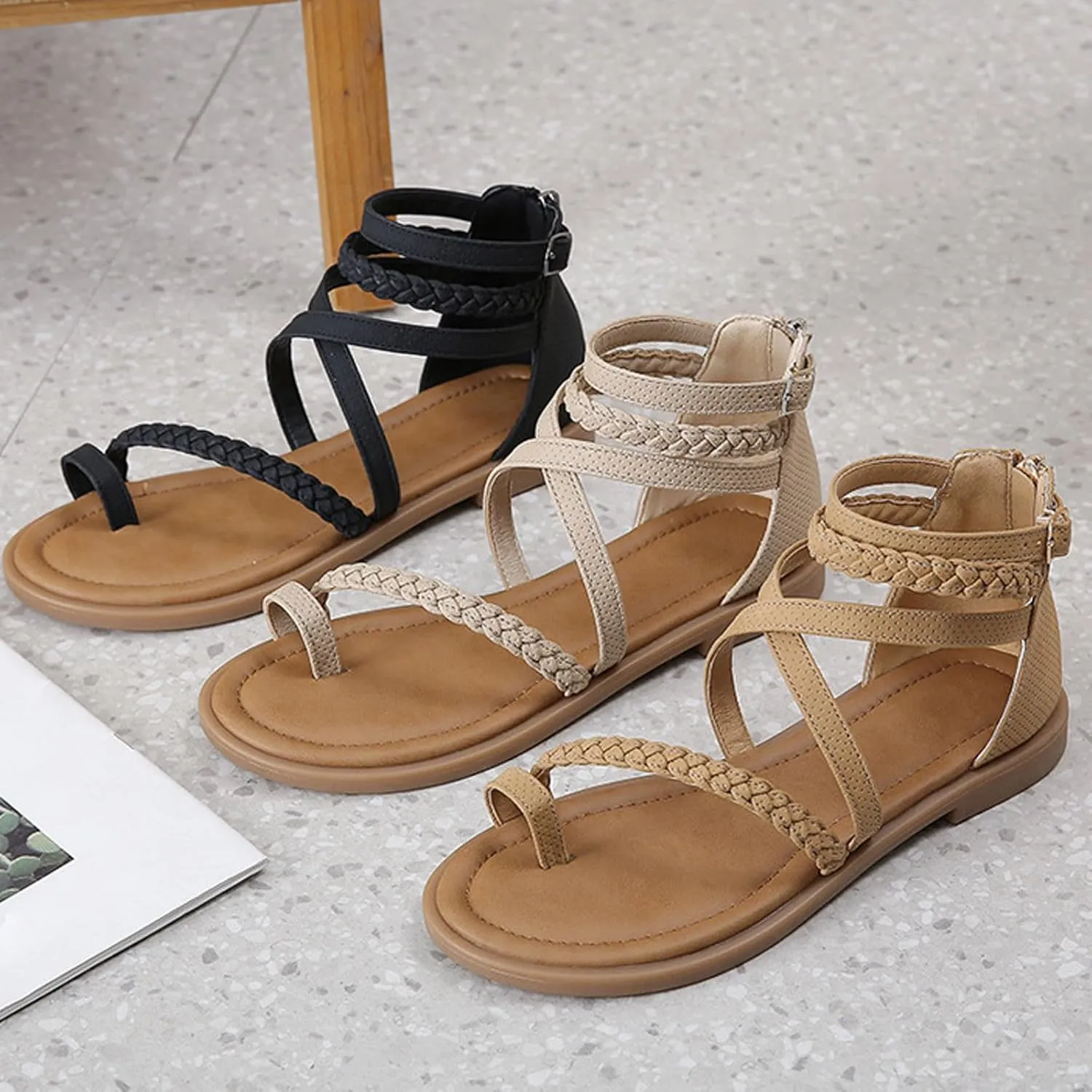 Women's Strap Flat Flip Flops with Arch Support 2025 Summer Fashion Open Toe Casual Backless Fish Mouth Ring Toe Bohemian Comfortable Sandals Casual Comfortable Summer Backless Mules Adjustable Slide
